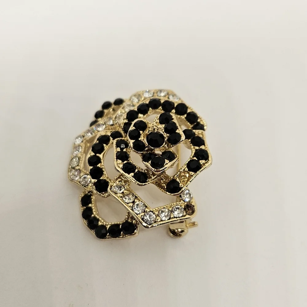 Flower Brooch Pin Rose Black Clear Rhinestones Crystals Open Work Multilayer
